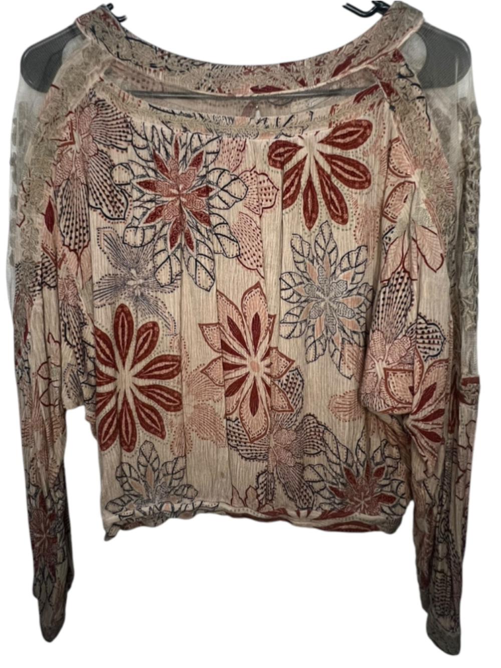 Gimmicks Floral Mesh Shoulder Boho Slouchy Long Sleeve Blouse